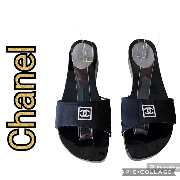 CHANEL Shoes - CHANEL Sandals Black Satin Patent Leather Mule Slides Made in Spain Size 38 🏆